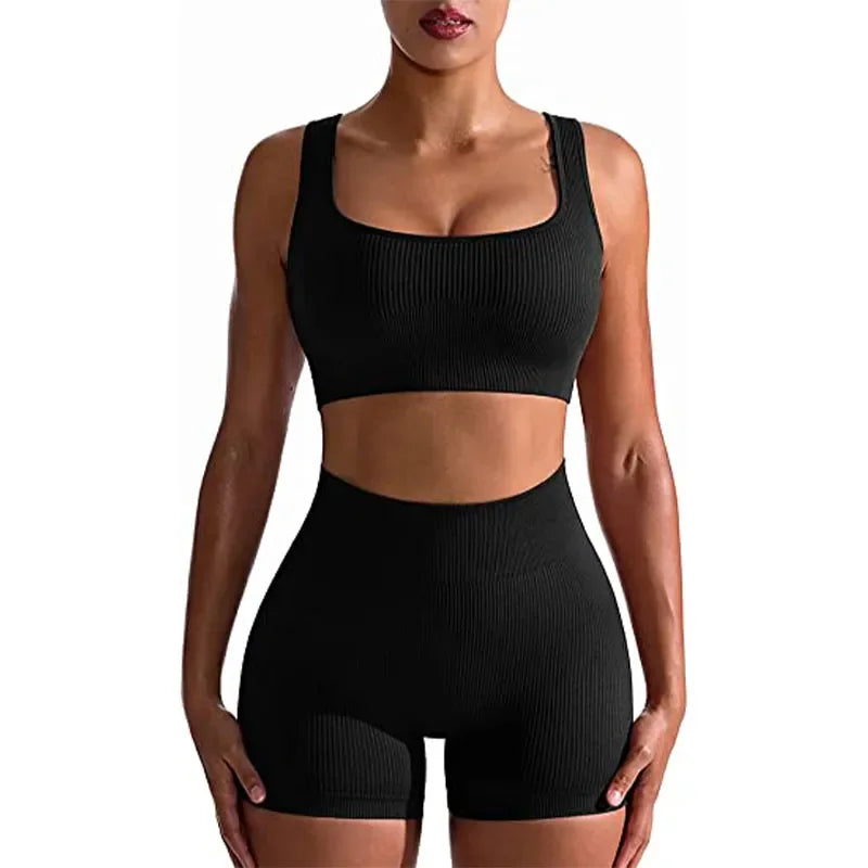 Women's 2-Piece Ribbed Seamless Breathable Sports Strap Vest High-Waisted Shorts Tracksuit