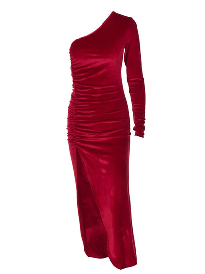 Frauen eleganter Langarm Party Abend Samt Bodycon Split Bleistift Midi Kleider Frühling Herbstkleidung