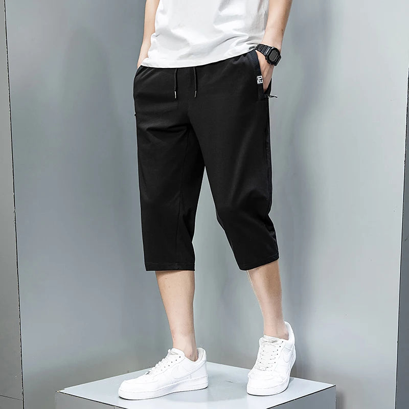 Summer Zip Pockets Sweat Shorts Men Sportswear 3/4 Capris Pants Breathable Cotton Straight Breeches Short Pants Big Size 8XL