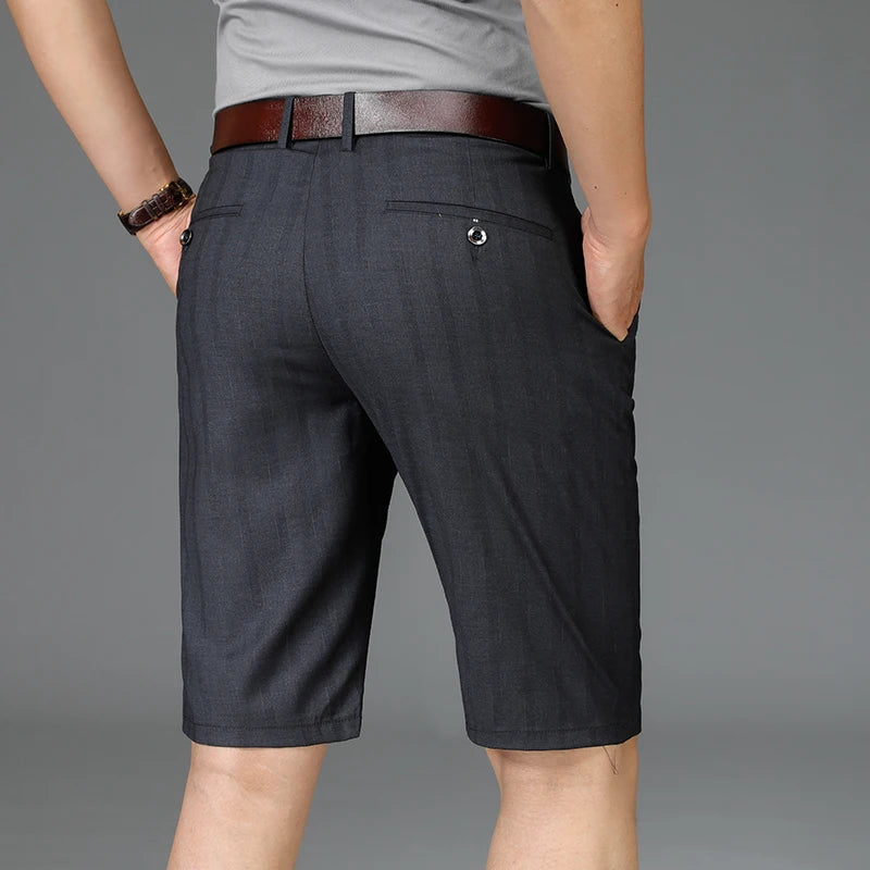 Summer Thin Men's Suit Shorts, Fashionable Vertical Striped Business Knee-length Pants, Loose Casual Dark Gray Mid-pants