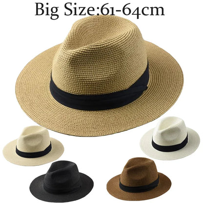 Unisex Panama Straw Hat - leveä reuna -kesärannan aurinkokorkki, säädettävä mitoitus 55-60 cm miehille ja naisille, iso kokoinen fedora