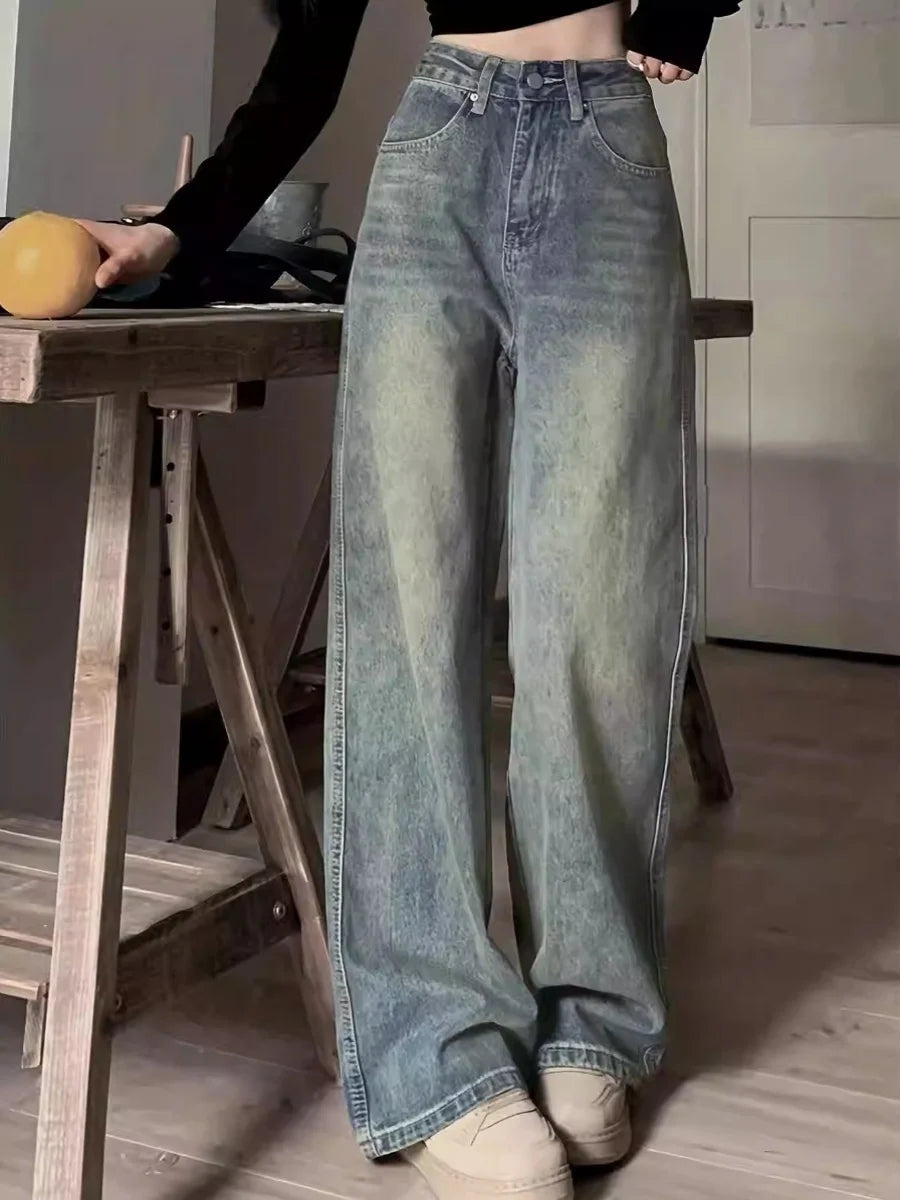 「MD」2024 New Retro Jeans Women Irregular High Waist Slimming Wide Leg Mop Long Pants Fashion