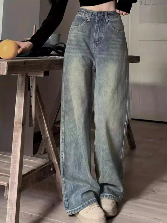 「MD」2024 New Retro Jeans Women Irregular High Waist Slimming Wide Leg Mop Long Pants Fashion