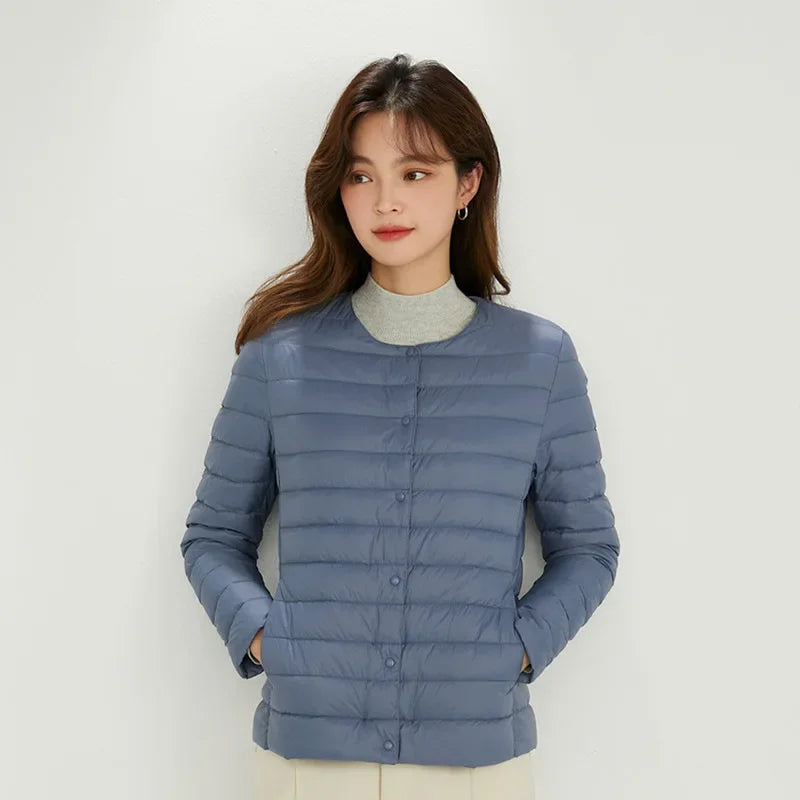2024 Fall Spring Autume Collarless Light Quilted Puffer Coat New Women Liner Duck Down Jacket O-neck Variable V-neck Female