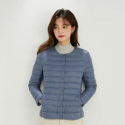 2024 Fall Spring Autume Collarless Light Quilted Puffer Coat New Women Liner Duck Down Jacket O-neck Variable V-neck Female