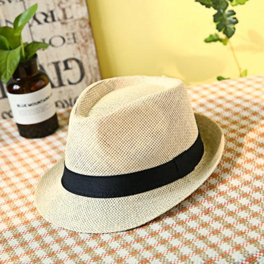Spring Summer Parent Child Linen Straw Breathable Cap Men's Travel Sunscreen Ribbon Decoration Sunshade Jazz Top Sun Hat F58
