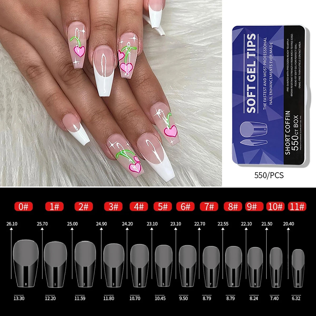 550Pcs Frosted Soft Gel Full Cover Nail Tips,11 Sizes Gel Nail Extensions False Nail Artificial Nails with Case for Nail Salons