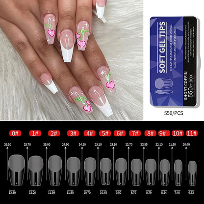 550Pcs Frosted Soft Gel Full Cover Nail Tips,11 Sizes Gel Nail Extensions False Nail Artificial Nails with Case for Nail Salons