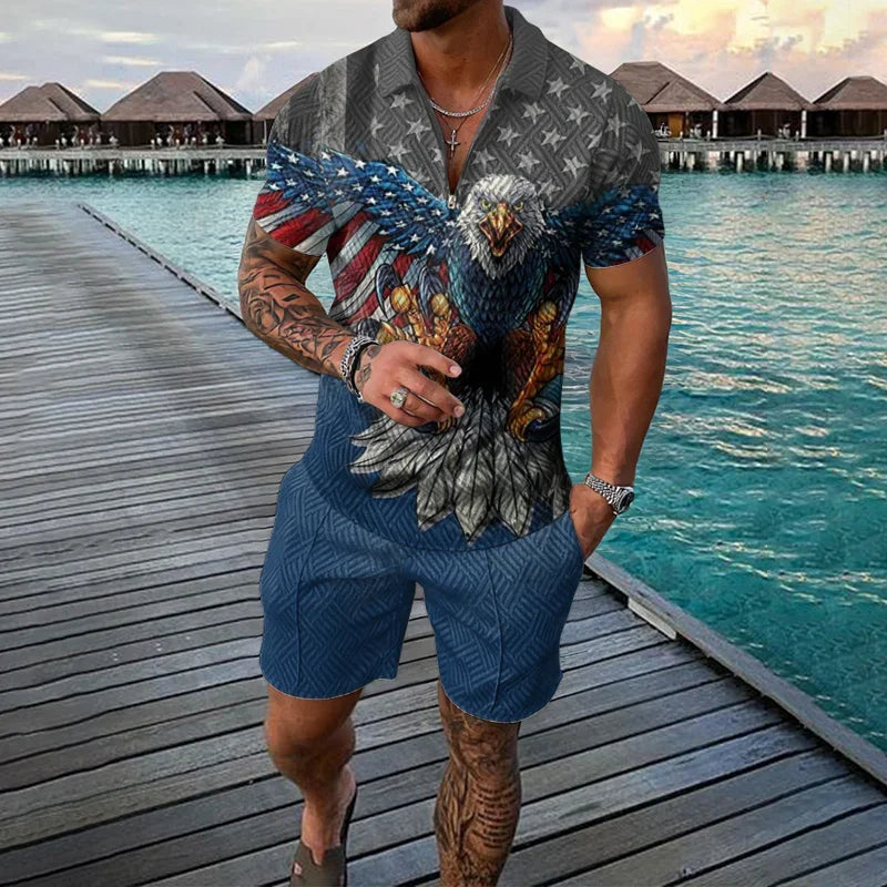 3D Print Nationality Style Men's Short Sleeve Sets Fashion Tee Shorts 2 Piece Outfit Casual Zipper Polo Shirts Summer Loose Suit