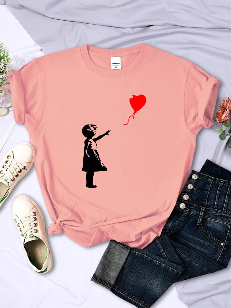 Let’s Fly Love Balloons estampados Camiseta para mujer Softación suave transpirable Manija corta Hip Hop Tendencia Tops ropa de camiseta femenina casual