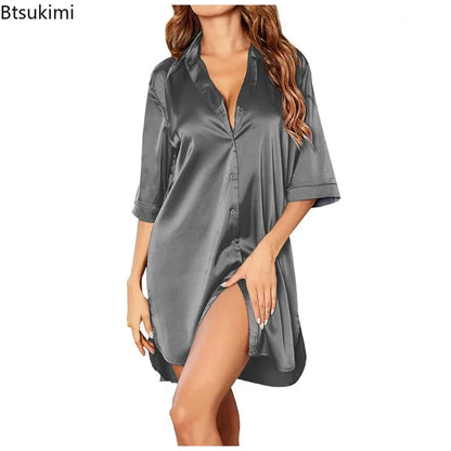 New 2025 Women's Soft Sleepshirts Solid Sexy Imitation Silk Loungewear Satin Short Sleeve V-neck Loose Pajamas Dress Nightgowns