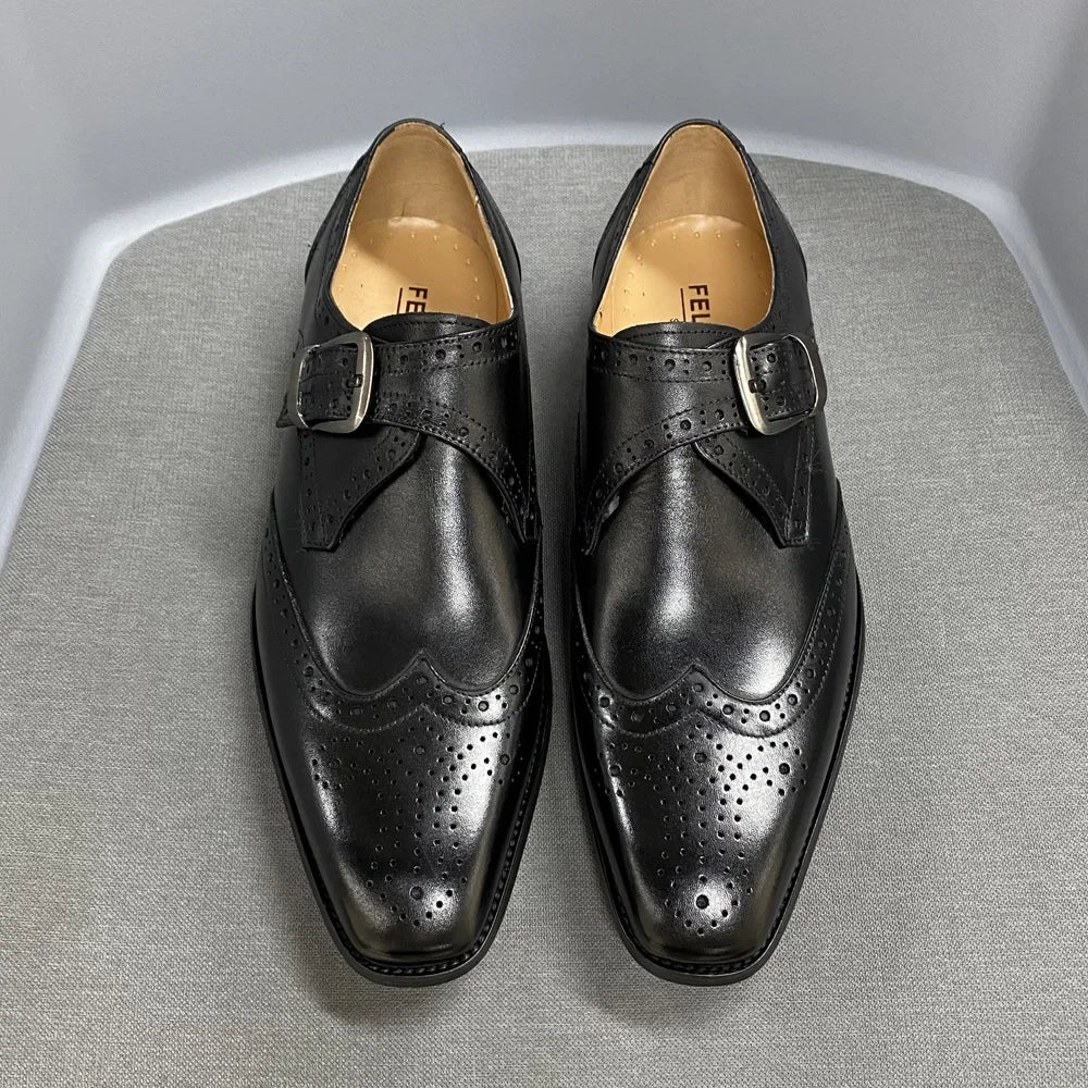 Men's Luxury Genuine Leather Wingtip Oxfords Italian Monk Strap Buckle Brogue Dress Shoes for Business Wedding Formal Wear