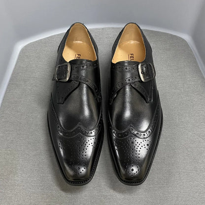 Men's Luxury Genuine Leather Wingtip Oxfords Italian Monk Strap Buckle Brogue Dress Shoes for Business Wedding Formal Wear
