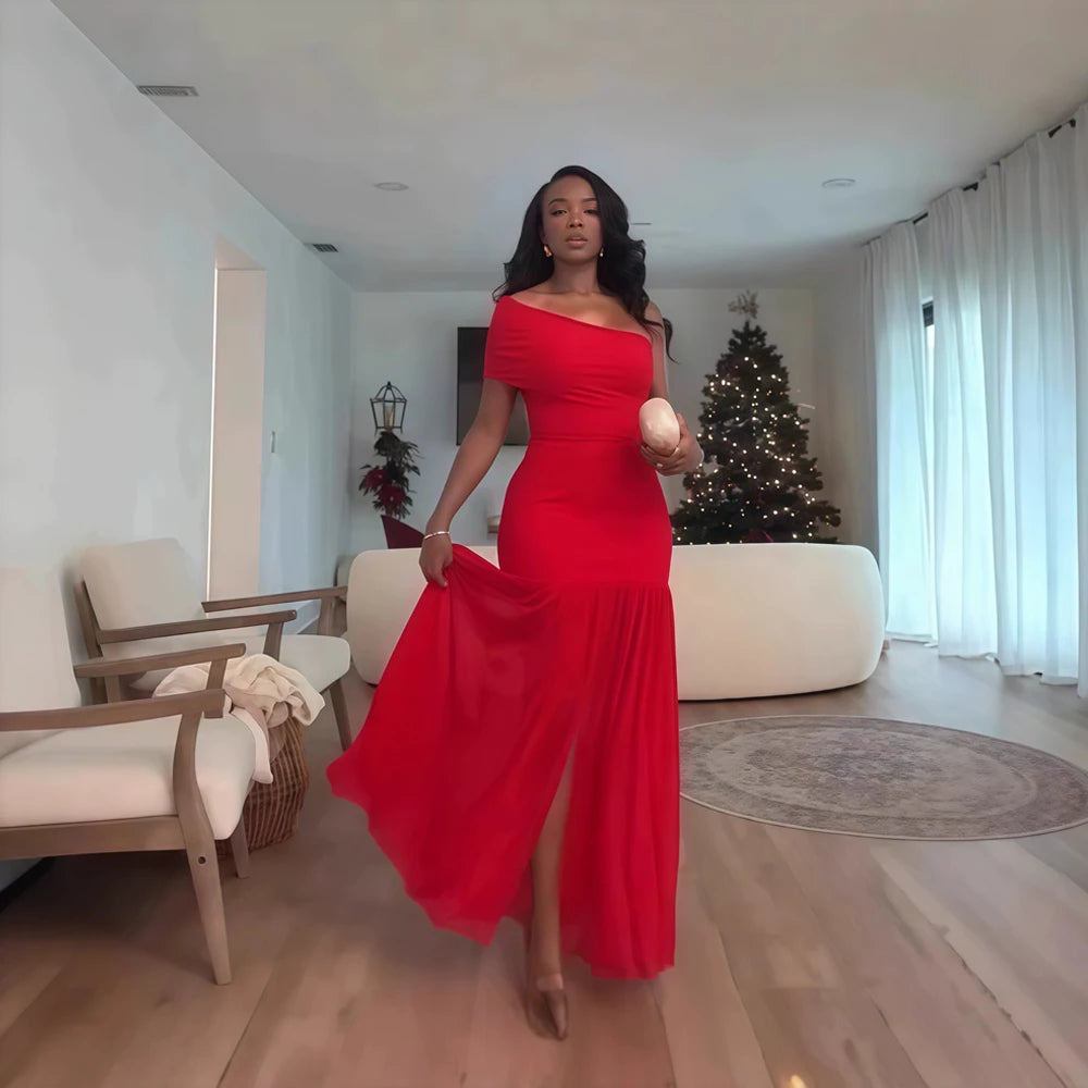 Stilvoller Abend sexy Club Party Urlaub Maxikleid für Frauen elegant schief hals ein ärm von schulter messch schlitz long kleider