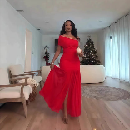 Stilvoller Abend sexy Club Party Urlaub Maxikleid für Frauen elegant schief hals ein ärm von schulter messch schlitz long kleider