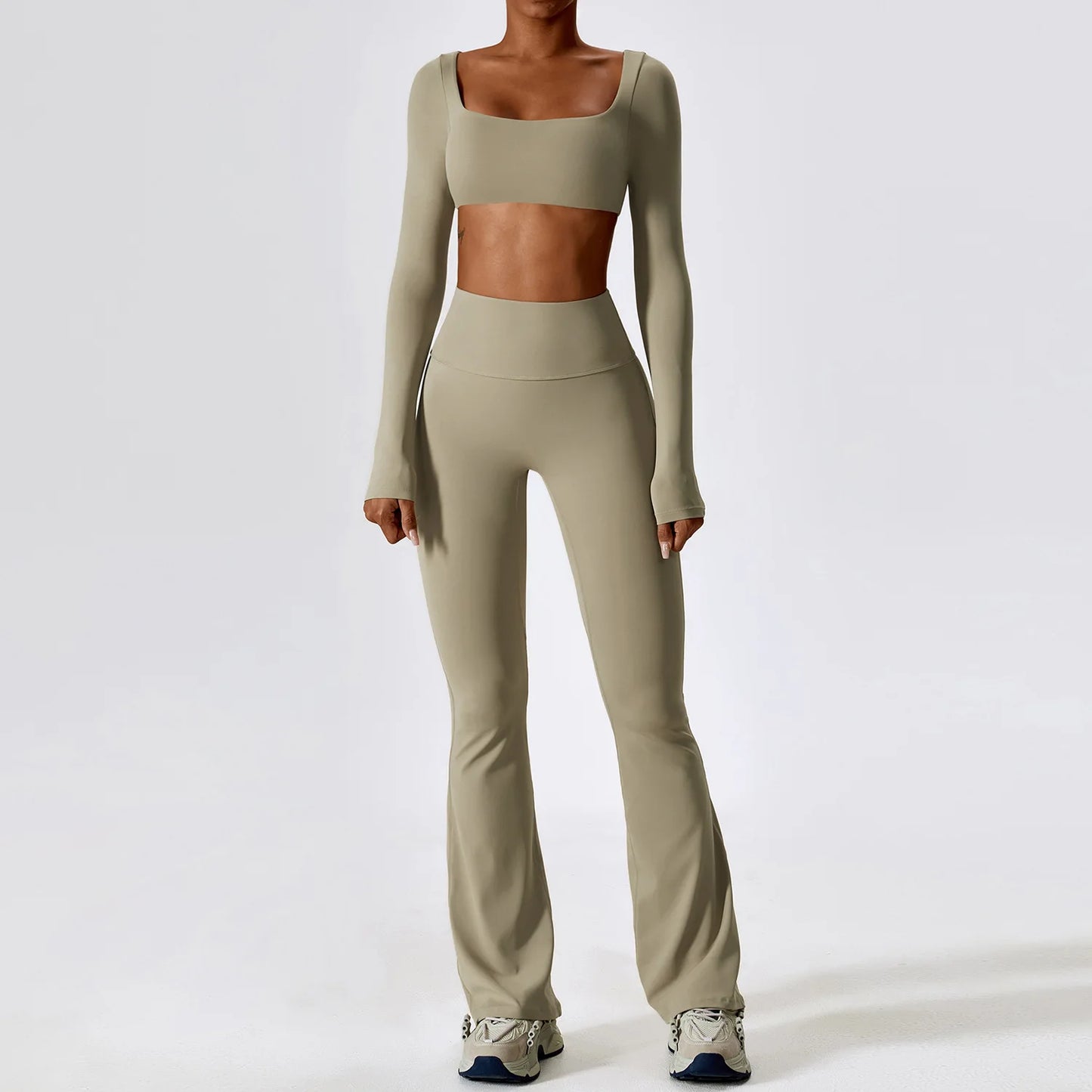 Women Tracksuit Gym Yoga Suit 2PCS Tight Fitting Sports Set Workout Breathable T Shirts Bra Tank Top Loose Bell-bottoms Leggings
