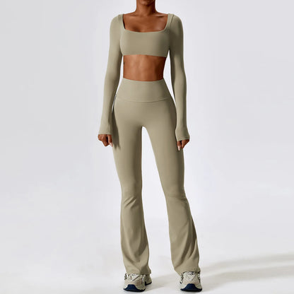 Women Tracksuit Gym Yoga Suit 2PCS Tight Fitting Sports Set Workout Breathable T Shirts Bra Tank Top Loose Bell-bottoms Leggings