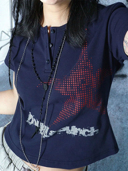 Harajuku Crop Top Japanese Style Star Pattern Round Neck Short Sleeve T Shirts Graphic Tee y2k Women Clothes Streetwear