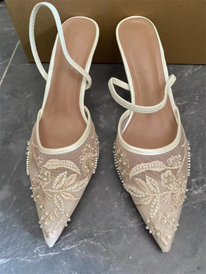 Damen Mesh Floral bestickter Slingback High Heels weibliche offene Ferse Perlen besetzt spitze Zehensandalen sexy Stiletto Lady Mules