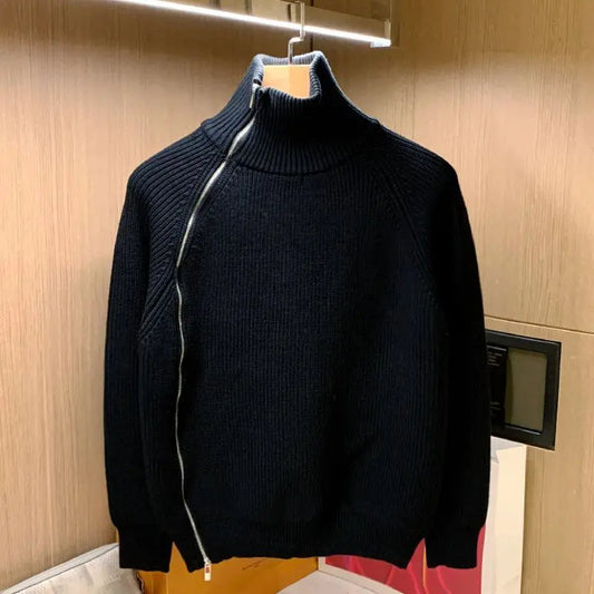 2025 Trendy Brand Solid Color Half Turtleneck Sweater for Men in Winter Personalized Side Zipper Sweater Design Warm Top