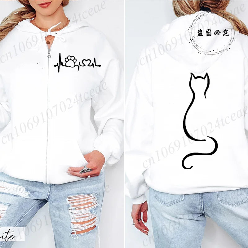 Women Zipper Hoodie Clothes Autumn Winter New Cute Cat Heatbeat Sweatshirt Hip Hop Streetwear Women Zip Up Jacket Coat Clothing