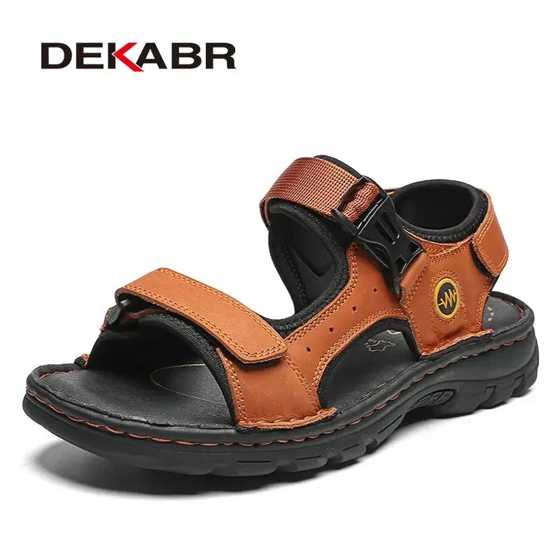 DEKABR Men Genuine Leather Sandals Summer Beach Breathable Fisherman Shoes Slipper Style Soft Bottom Flat Shoes Plus Size 38~48