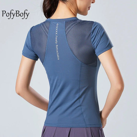 Pofybofy Mesh Stitching Reflectiv Strip Back Dry Dry Elastic Elastic Respirabil de bază cu mânecă scurtă cu mânecă Yoga Tricou Femei Gimnastică Fitness Top
