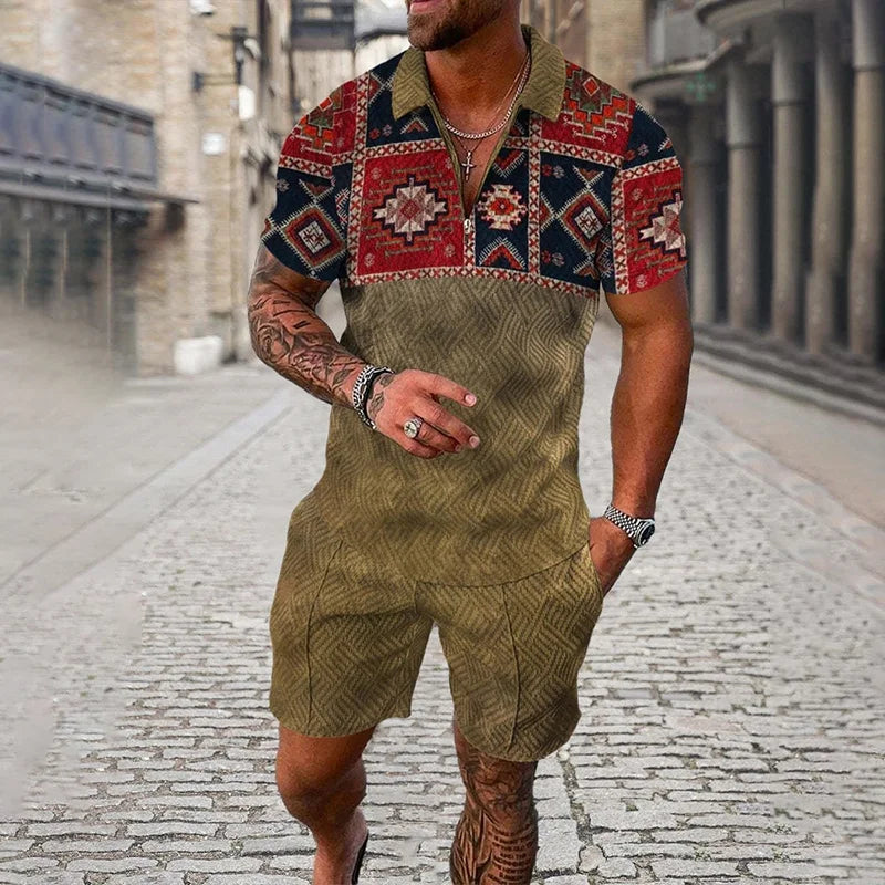 3D Print Nationality Style Men's Short Sleeve Sets Fashion Tee Shorts 2 Piece Outfit Casual Zipper Polo Shirts Summer Loose Suit
