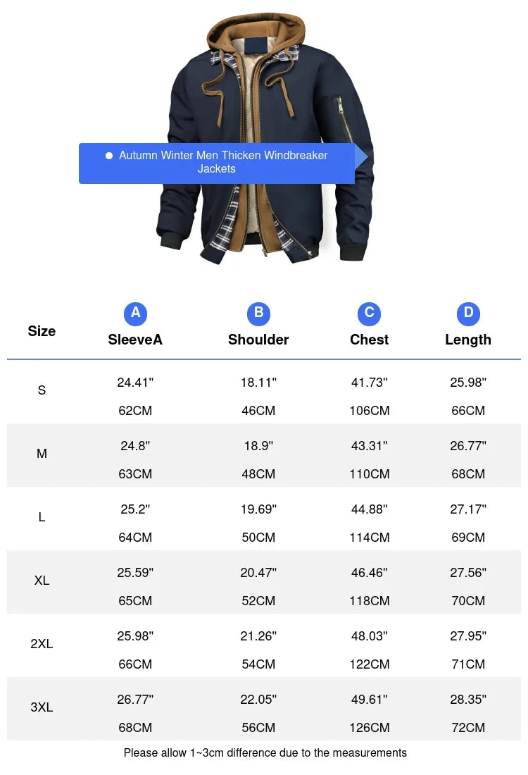 Autumn Winter Men's Warm Bomber Jacket Outdoor Man Thick Windbreaker Hiking Hooded Coats Men Thermal Sports Zipper Parkas Jacket