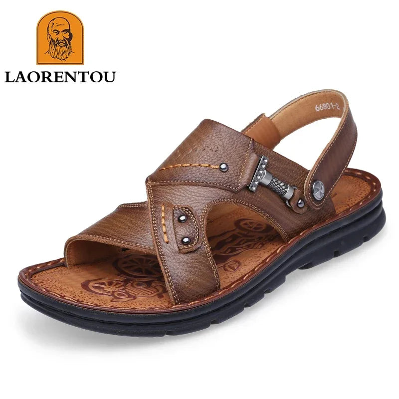 Laorentou lederen mannelijke sandalen casual strandschoenen dragen niet-slip sandalen en sliers koehide