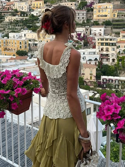 Tyylikäs röyhelöhame pitsi Top Set Naiset Hihaton Hollow Out Vest Cascading Ruffles Pitkät hameet puku 2025 Summer Chic Lady Setes
