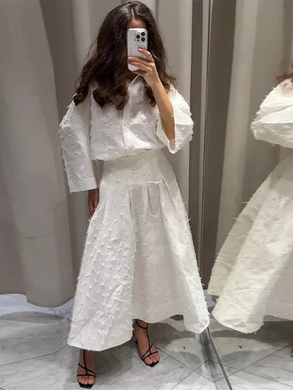 Elegant skjorta kjol set kvinnor lapel långärmad lös t-shirt hög midja veckade långa kjolar kostymer 2025 sommargata lady set
