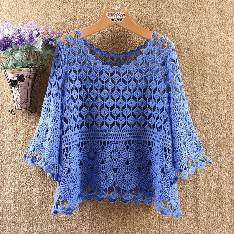 Women 2025 Spring Summer New Hook Flower Hollow Loose Pullovers Female Shawl Knitted Tops Ladies Short Jumper Sweater Tops W38