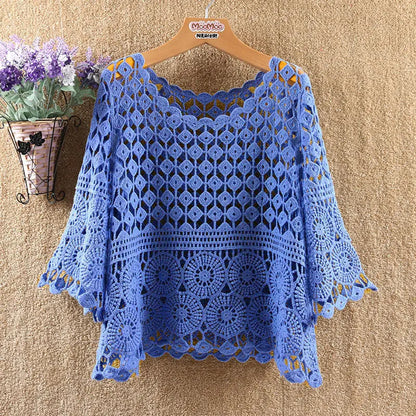 Women 2025 Spring Summer New Hook Flower Hollow Loose Pullovers Female Shawl Knitted Tops Ladies Short Jumper Sweater Tops W38
