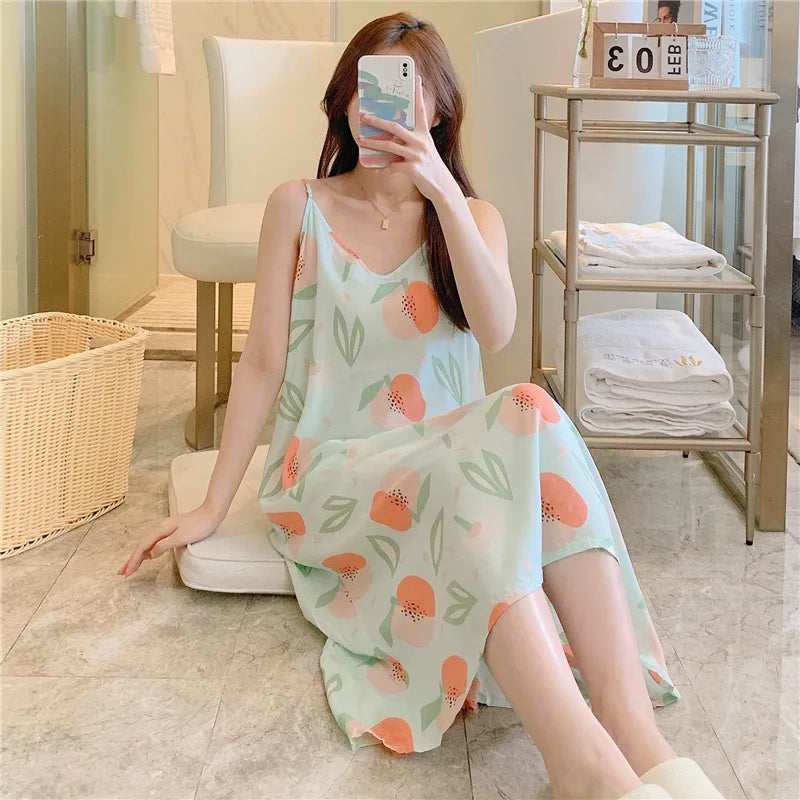 Abito da notte in cotone sottile sciolto da donna stampa stampa abbigliamento da sonno letto permanente per abito da notte carino indossare abiti da casa
