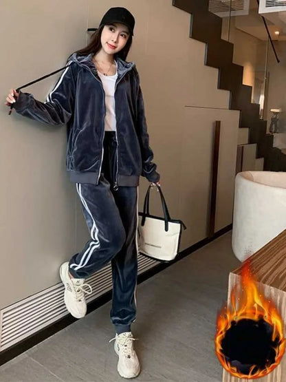 Winter Women Thick Warm Fleece Liner Sport Tracksuit Side Striped Hooded Jacket Outdoor Running Set Velvet Jogging Training Sets