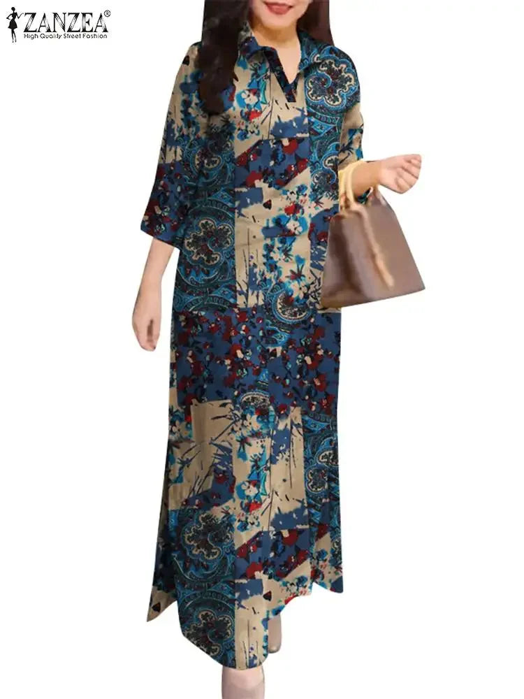 Zanzea Kvinder 3/4 ærme Lange kjoler Fall 2024 Fashion Lapel Neck Cotton Shirtdress Vintage Floral Print Maxi Shirt Dress Ny i