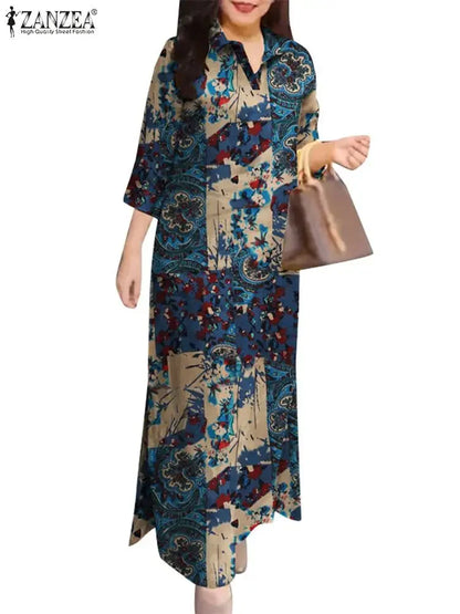 Zanzea Kvinder 3/4 ærme Lange kjoler Fall 2024 Fashion Lapel Neck Cotton Shirtdress Vintage Floral Print Maxi Shirt Dress Ny i