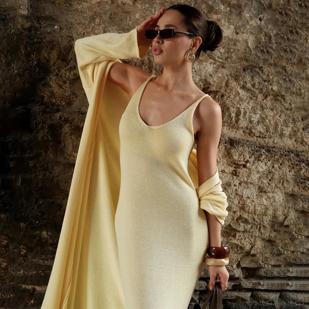 Tuularose žene dugačka haljina 2 komada solidna pletena špageta haljina s dugim rukavima kardigan set casual modne ženke set set