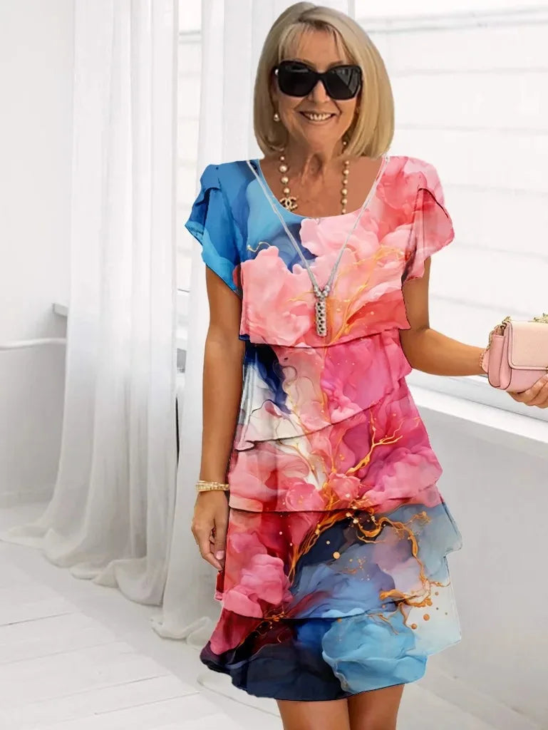 2025 Spring Chic Floral Print Chiffon Dress Woman Elegant Crew Neck Tierred Pleated Dress Summer Short Sleeve A-Line Party Dress
