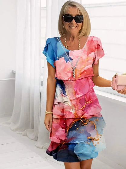 2025 Spring Chic Floral Print Chiffon Dress Woman Elegant Crew Neck Tierred Pleated Dress Summer Short Sleeve A-Line Party Dress