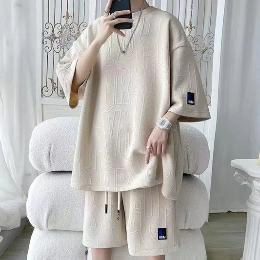 2025 3D Men's new Waffle TZ30 Summer Suit  Casual T-shirt + Shorts Suit Men's Tracksuit Solid color tracksuit loose suit