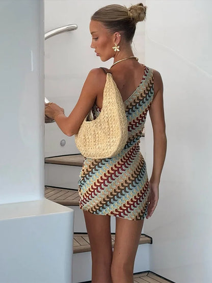 Unregelmäßiger gedruckter gestrickter Mini -Kleid für Frauen schicker Rückenfreier Schulter schlanker Fit Kleider 2025 Sommer Holiday Beach Roben