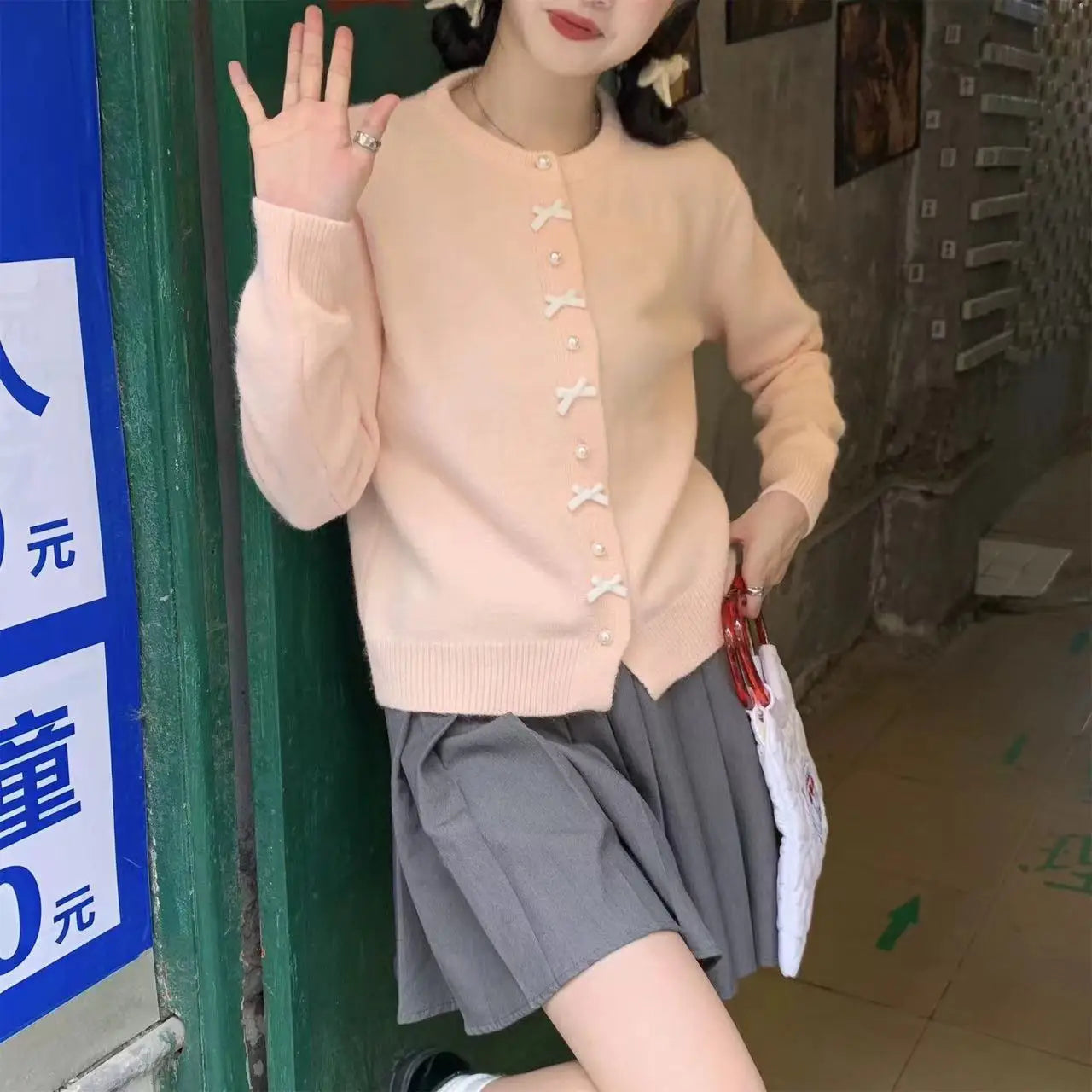 Cute Sweet Bow Pearl Buttons Loose Sweater Women Korean Preppy Style Autumn Spring Long Sleeve O Neck Knitted Cardigans Coats