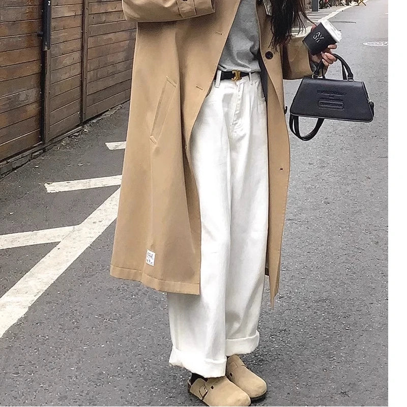 「MD」Loose White Wide Leg Jeans Women Drape High Waist Straight Wide Leg Pants Mopping Pants