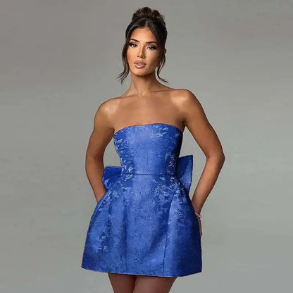 Townlike Jacquard Waist Wrap A-line Dress Women Mini 2024 Spring Summer Dress Elegant Bow Backless Sexy Party Dresses