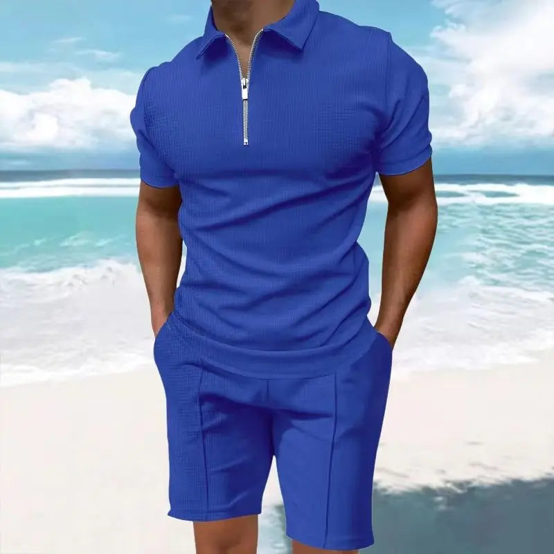 Heren comfortabel wafelpolo shirt met korte mouwen en shorts set - ademende lichtgewicht lente/zomerkleding