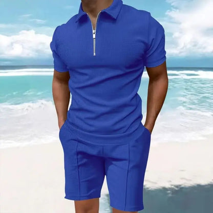Heren comfortabel wafelpolo shirt met korte mouwen en shorts set - ademende lichtgewicht lente/zomerkleding