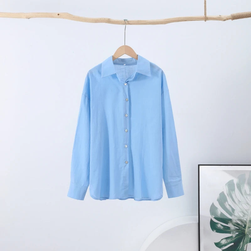 Fashion Loose Women's Shirts Long Sleeve Lapel Oversize Female Blouses 2025 Spring Summer Elegant Pink Cotton Linen Lady Shirts