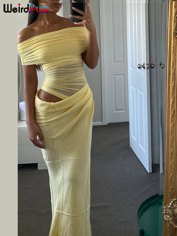Seltsame kuschelgerüste unregelmäßige Kleid Frauen Mesh Patchwork Slash Neck Kurzarm Dünne Stretchtrend elegante lange Bodycon -Outfits